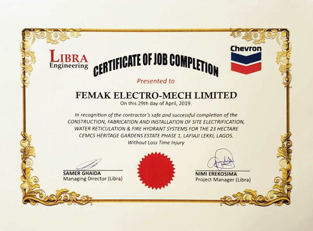 Certificate of Job Completion 29th-April-2019